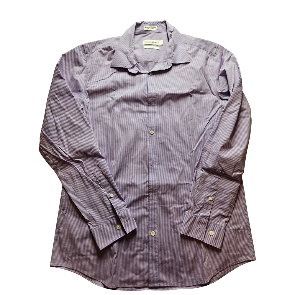 Calvin Klein Mens Non Iron Purple White Micro Stripe Button Down Shirt Medium